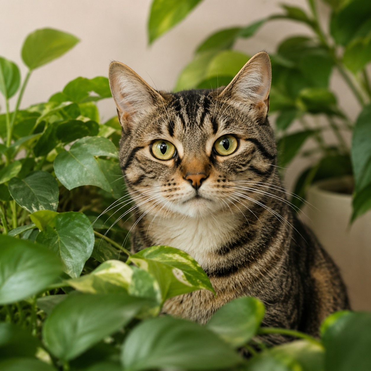 Tabby cat surrounded by green houseplants