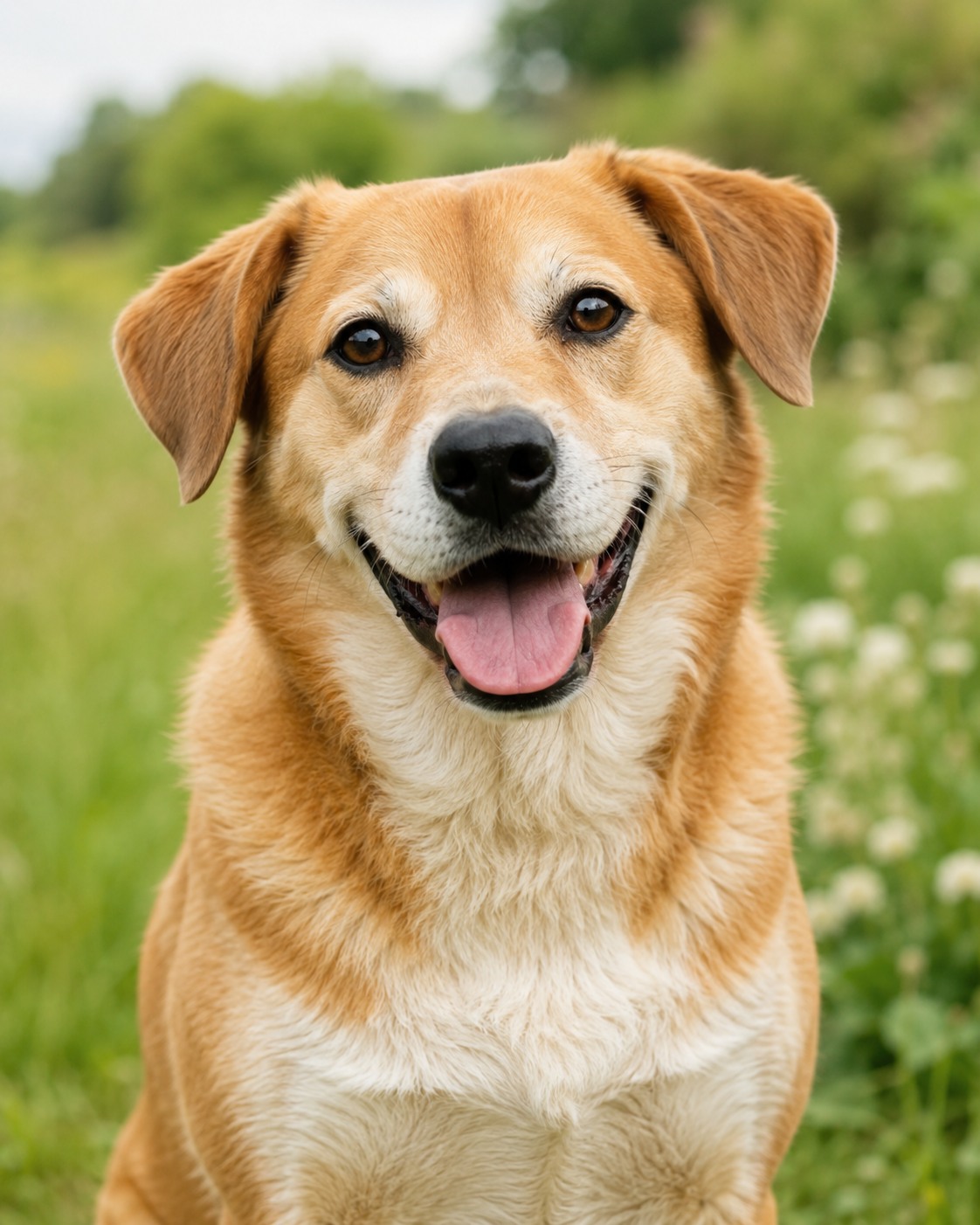 Happy dog outdoors in a sunlit meadow