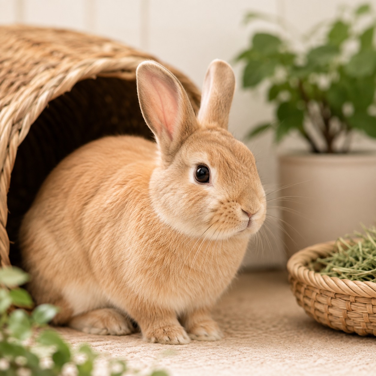Rabbit resting beside natural woven textures and hay