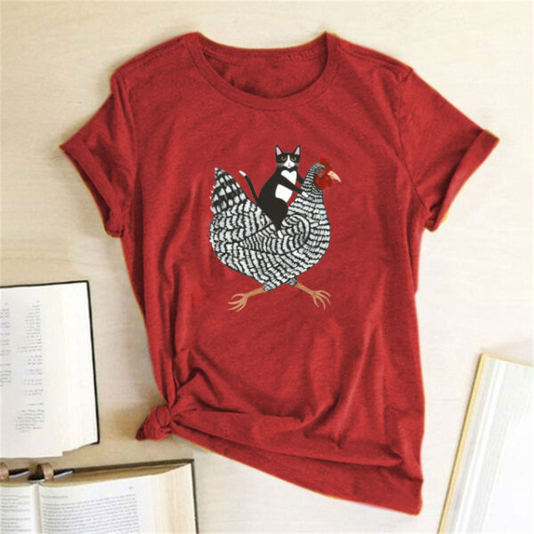 Cat Riding Chicken 3D Print Short Sleeve Funny Womens T Shirt Summer New Products Casual O Neck Wild Street Hipster Loose Ladies