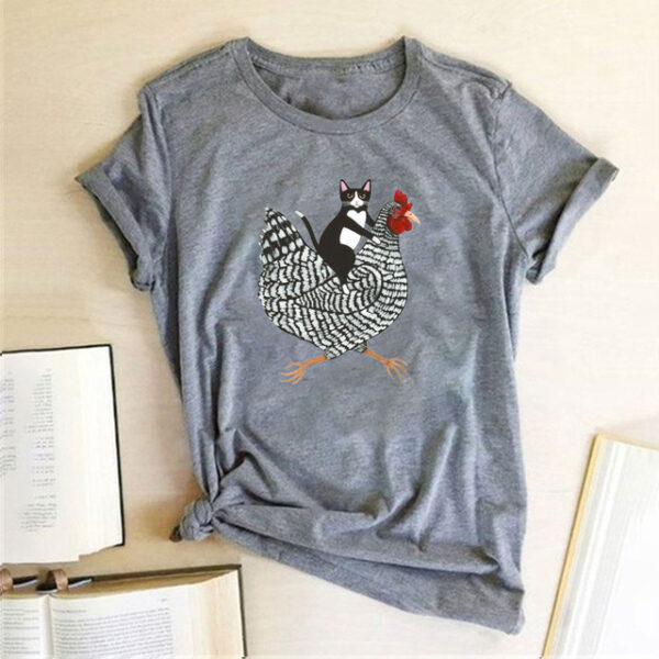 Cat Riding Chicken 3D Print Short Sleeve Funny Womens T Shirt Summer New Products Casual O Neck Wild Street Hipster Loose Ladies
