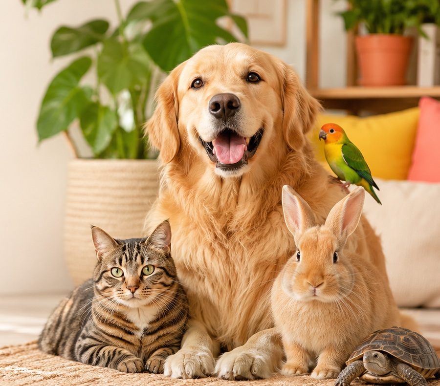 A joyful group of companion animals