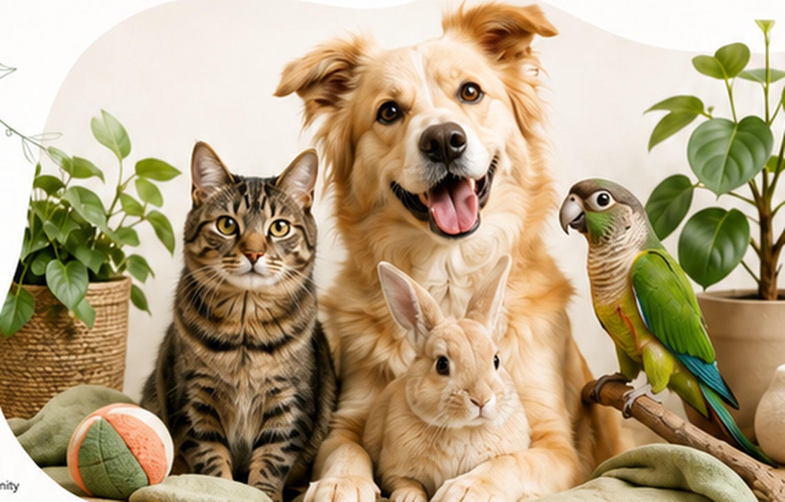 Dog, cat, rabbit and bird together
