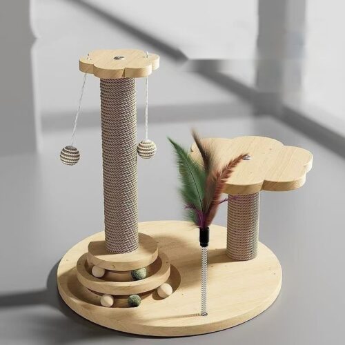 5-in-1 cat scratching and play station with rope-wrapped posts and ball tracks